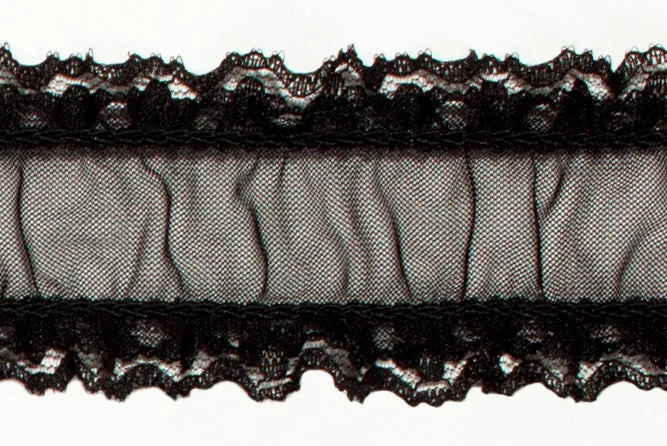 1 1/2" Black Ruched Stretch Lace (Made in England)