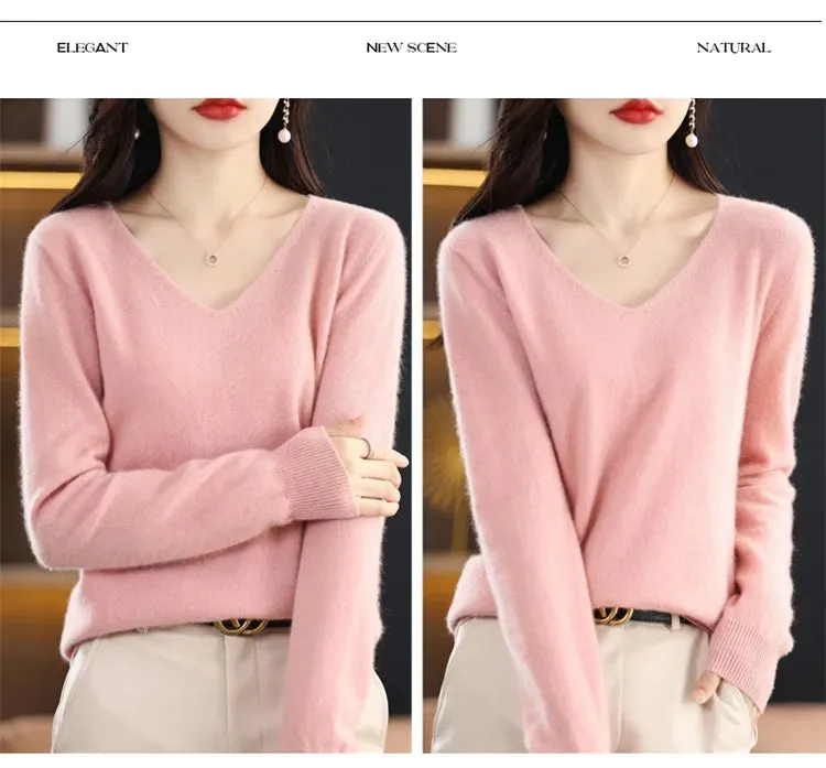 100% pure wool 2024 autumn and winter new cashmere sweater women's V-neck pullover fashion solid color long sleeve pullover