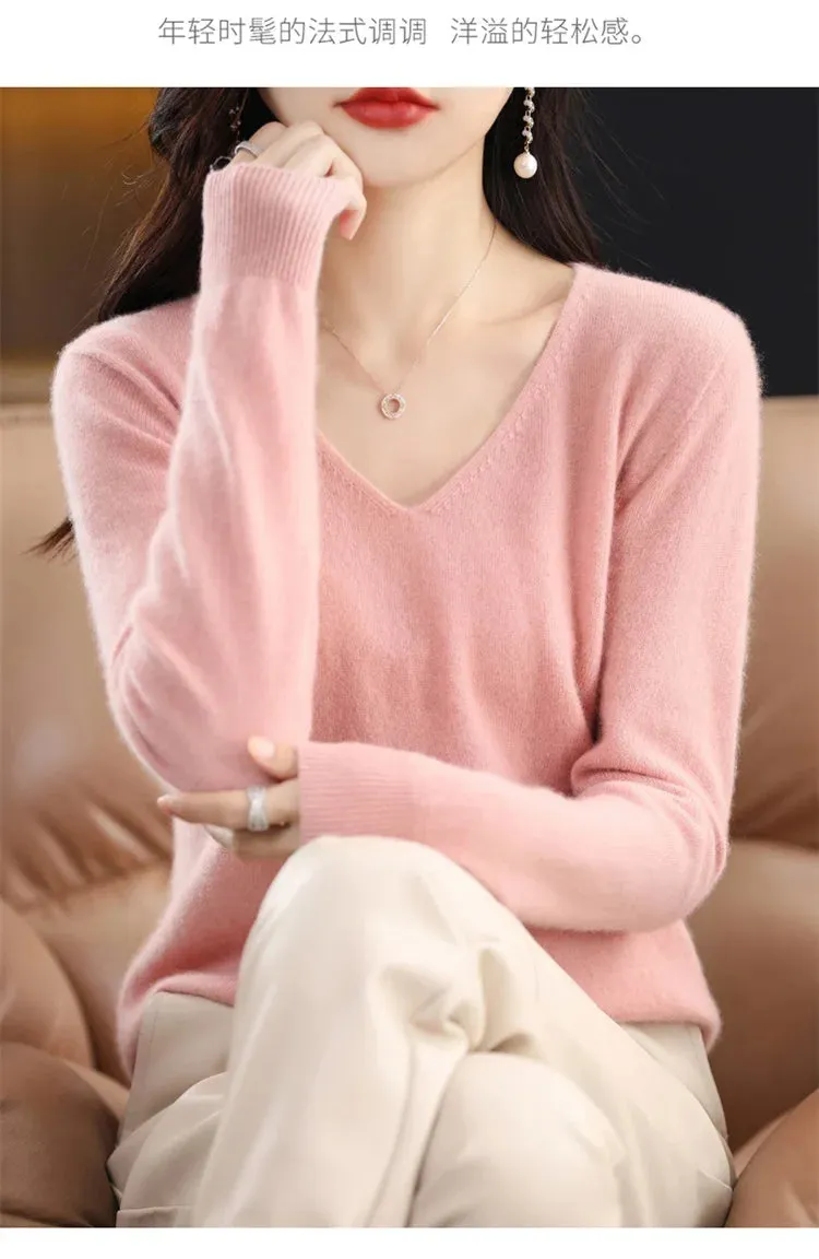 100% pure wool 2024 autumn and winter new cashmere sweater women's V-neck pullover fashion solid color long sleeve pullover