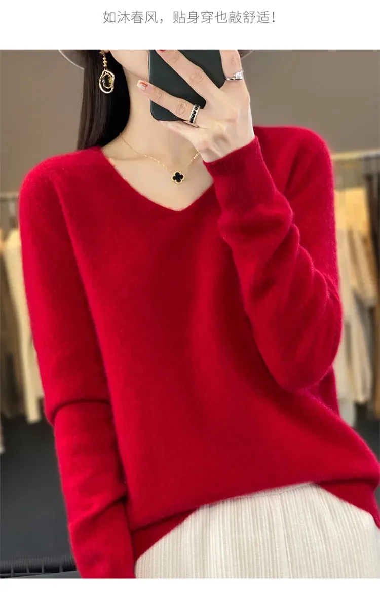 100% pure wool 2024 autumn and winter new cashmere sweater women's V-neck pullover fashion solid color long sleeve pullover