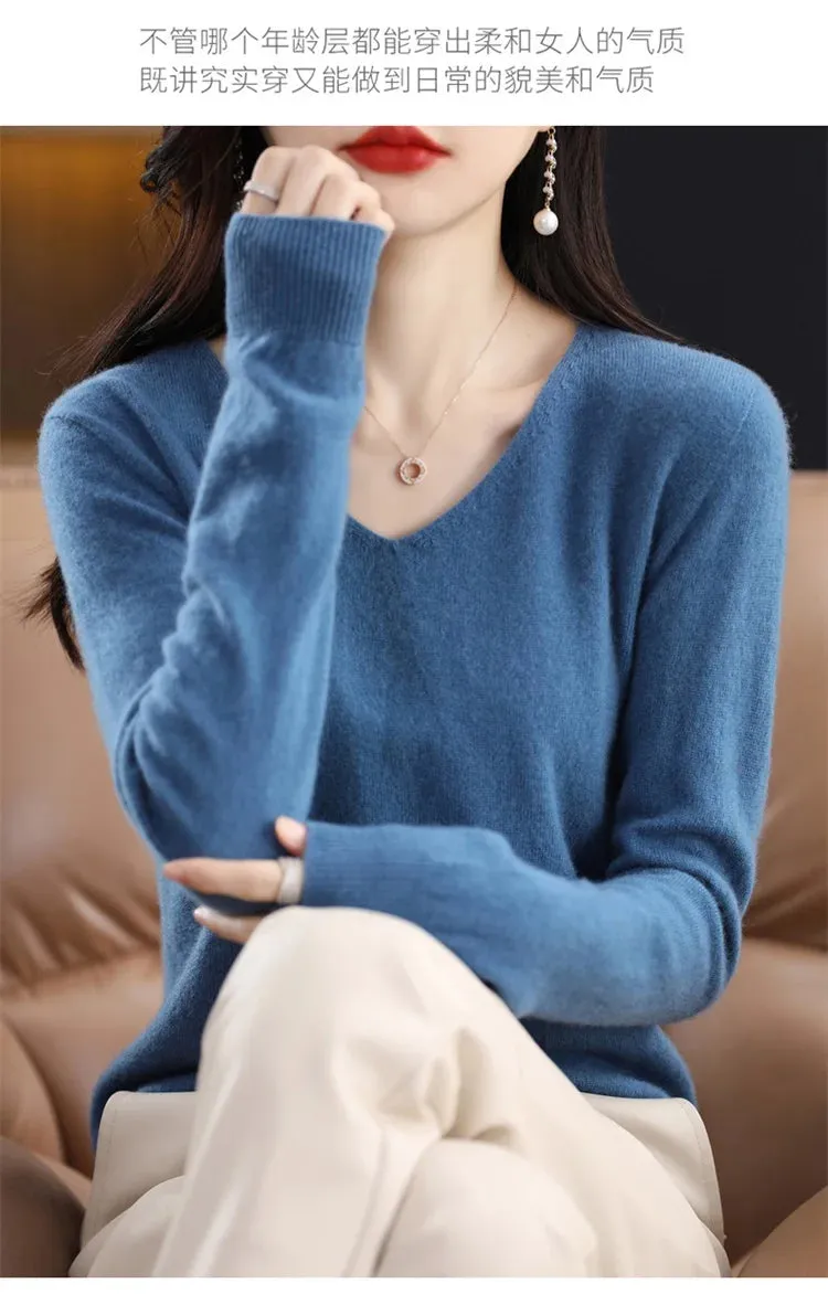 100% pure wool 2024 autumn and winter new cashmere sweater women's V-neck pullover fashion solid color long sleeve pullover