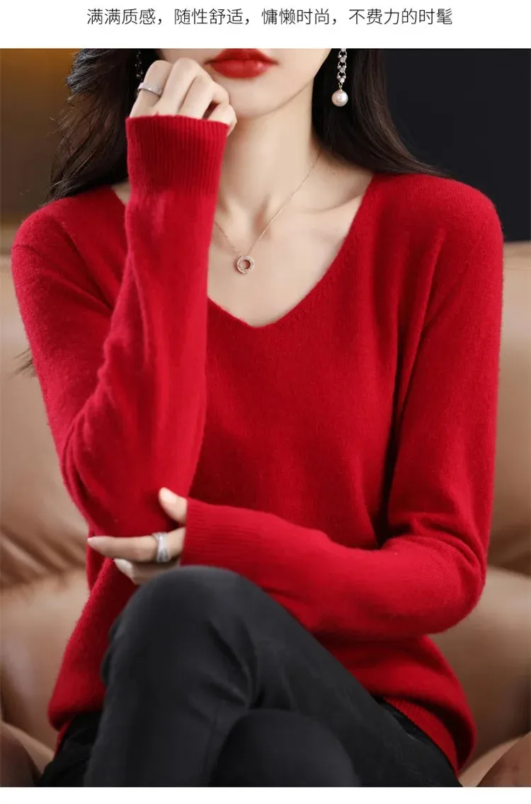 100% pure wool 2024 autumn and winter new cashmere sweater women's V-neck pullover fashion solid color long sleeve pullover