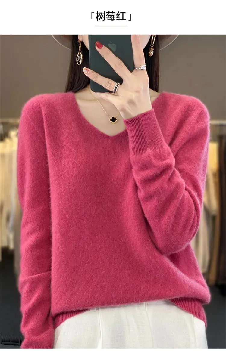 100% pure wool 2024 autumn and winter new cashmere sweater women's V-neck pullover fashion solid color long sleeve pullover