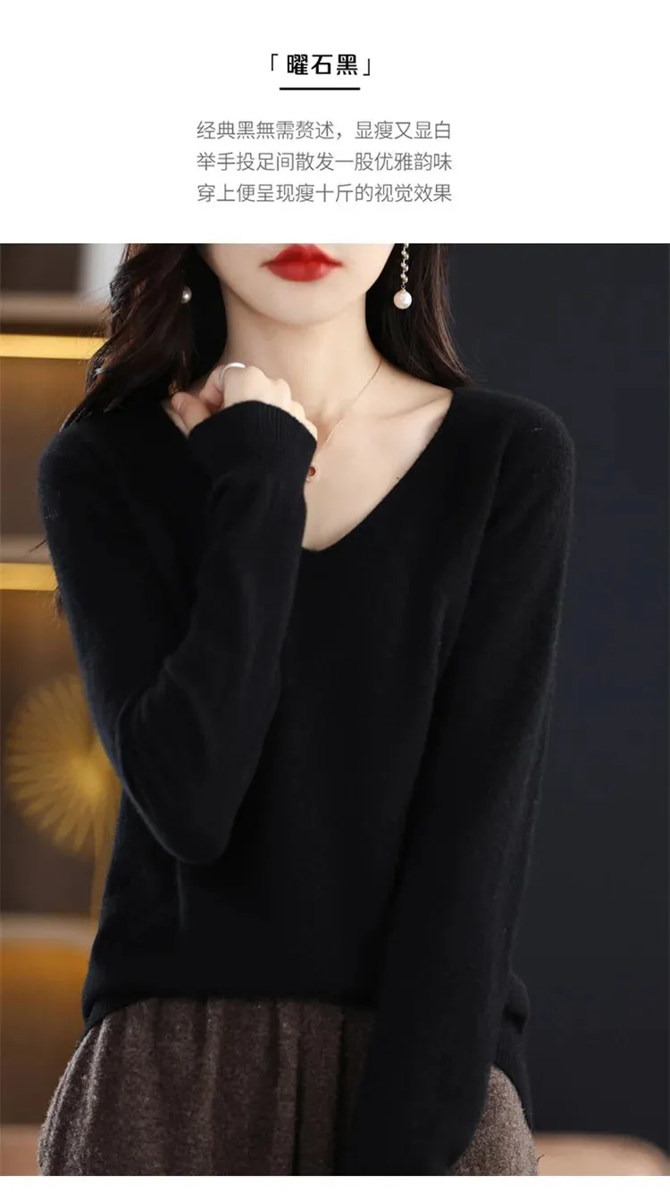 100% pure wool 2024 autumn and winter new cashmere sweater women's V-neck pullover fashion solid color long sleeve pullover