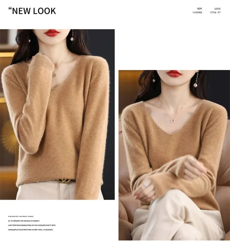 100% pure wool 2024 autumn and winter new cashmere sweater women's V-neck pullover fashion solid color long sleeve pullover