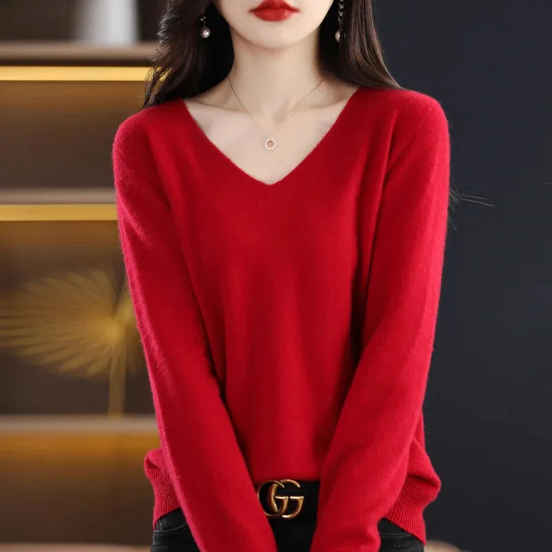 100% pure wool 2024 autumn and winter new cashmere sweater women's V-neck pullover fashion solid color long sleeve pullover