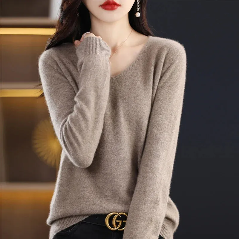 100% pure wool 2024 autumn and winter new cashmere sweater women's V-neck pullover fashion solid color long sleeve pullover