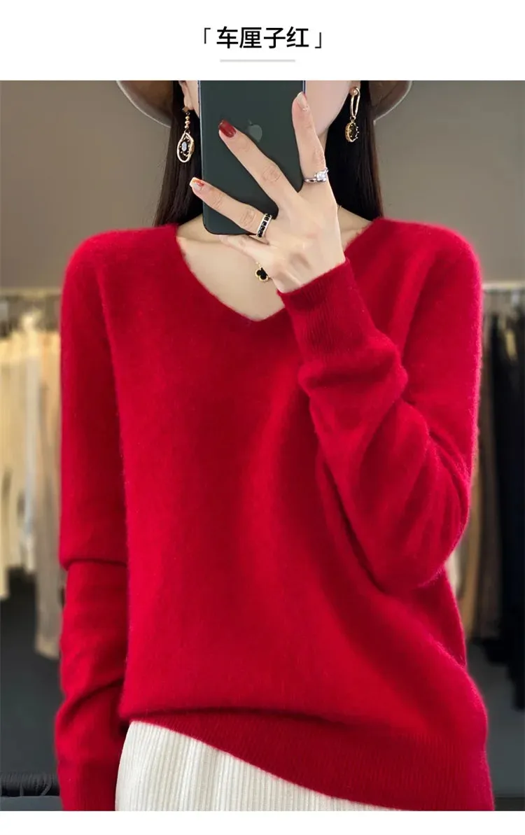 100% pure wool 2024 autumn and winter new cashmere sweater women's V-neck pullover fashion solid color long sleeve pullover