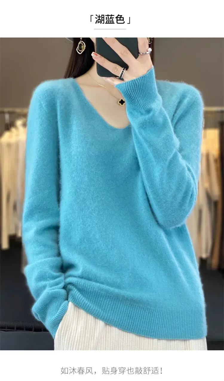 100% pure wool 2024 autumn and winter new cashmere sweater women's V-neck pullover fashion solid color long sleeve pullover