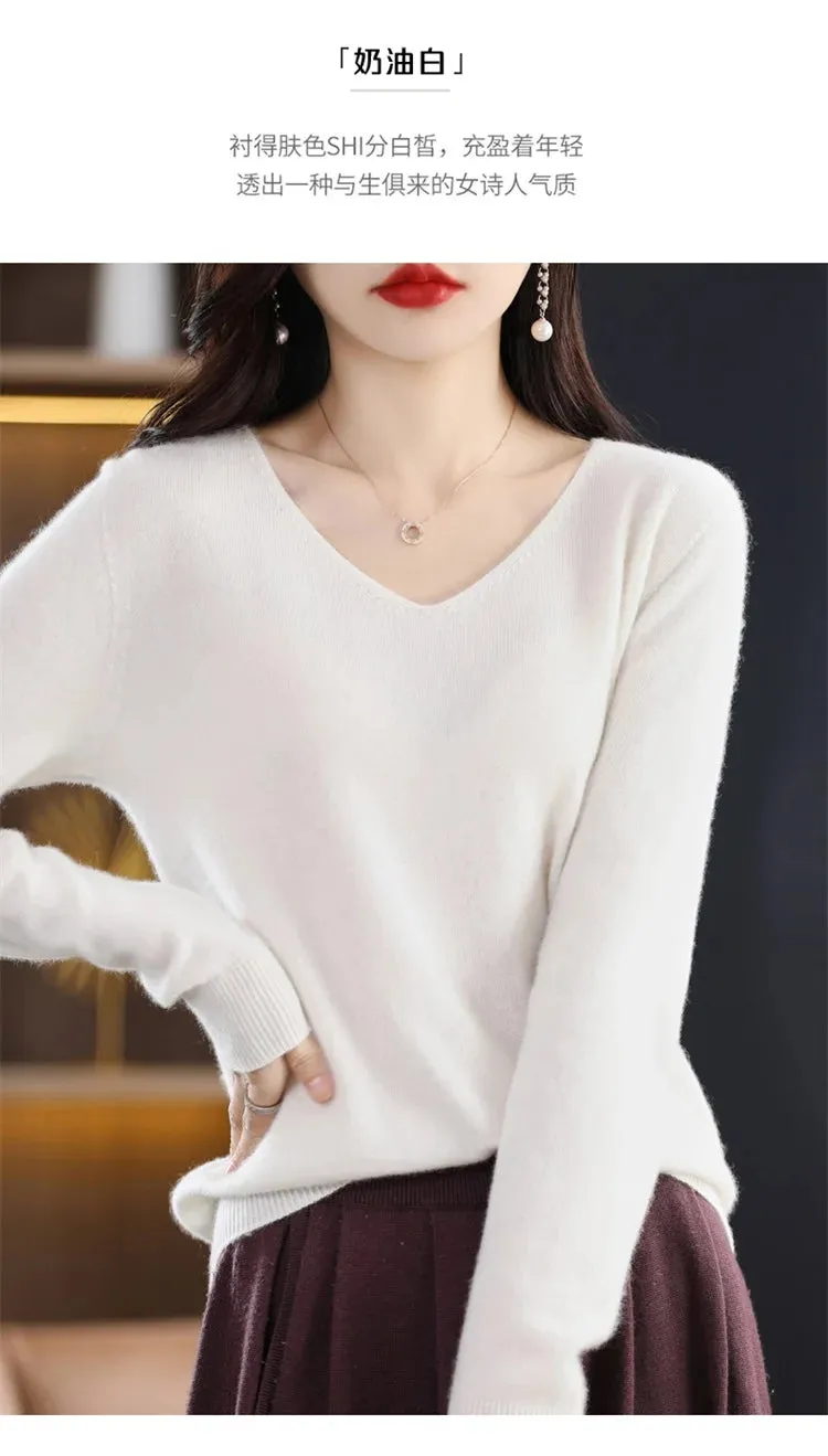 100% pure wool 2024 autumn and winter new cashmere sweater women's V-neck pullover fashion solid color long sleeve pullover