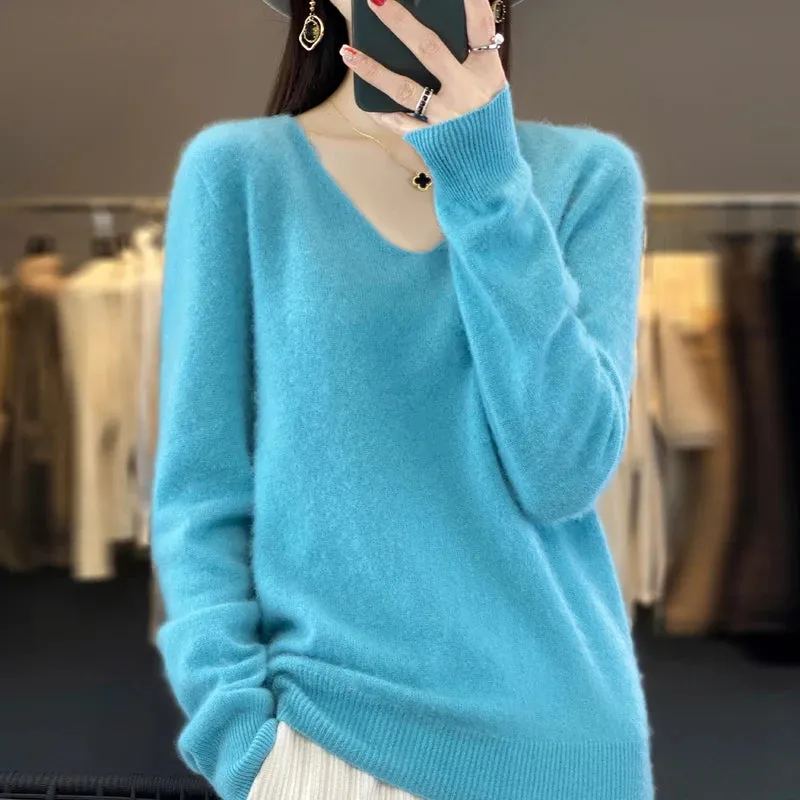 100% pure wool 2024 autumn and winter new cashmere sweater women's V-neck pullover fashion solid color long sleeve pullover