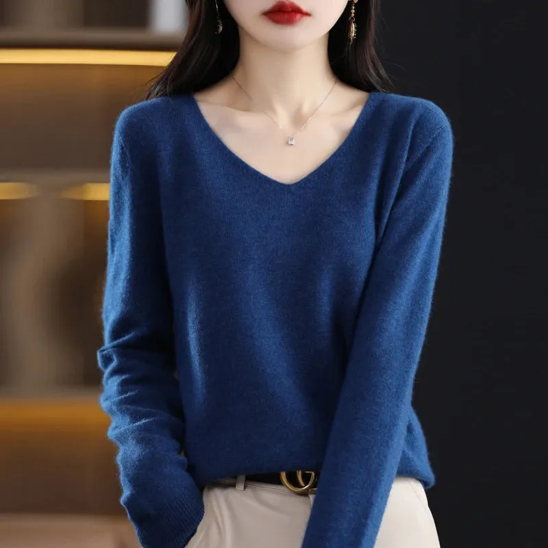 100% pure wool 2024 autumn and winter new cashmere sweater women's V-neck pullover fashion solid color long sleeve pullover