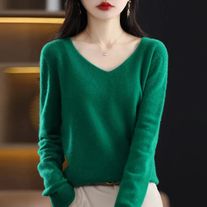 100% pure wool 2024 autumn and winter new cashmere sweater women's V-neck pullover fashion solid color long sleeve pullover