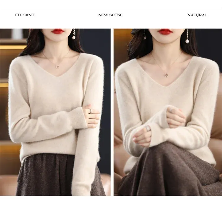 100% pure wool 2024 autumn and winter new cashmere sweater women's V-neck pullover fashion solid color long sleeve pullover