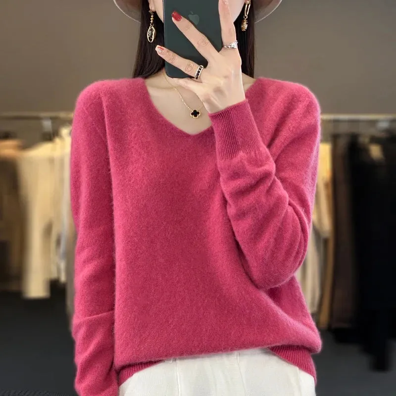 100% pure wool 2024 autumn and winter new cashmere sweater women's V-neck pullover fashion solid color long sleeve pullover