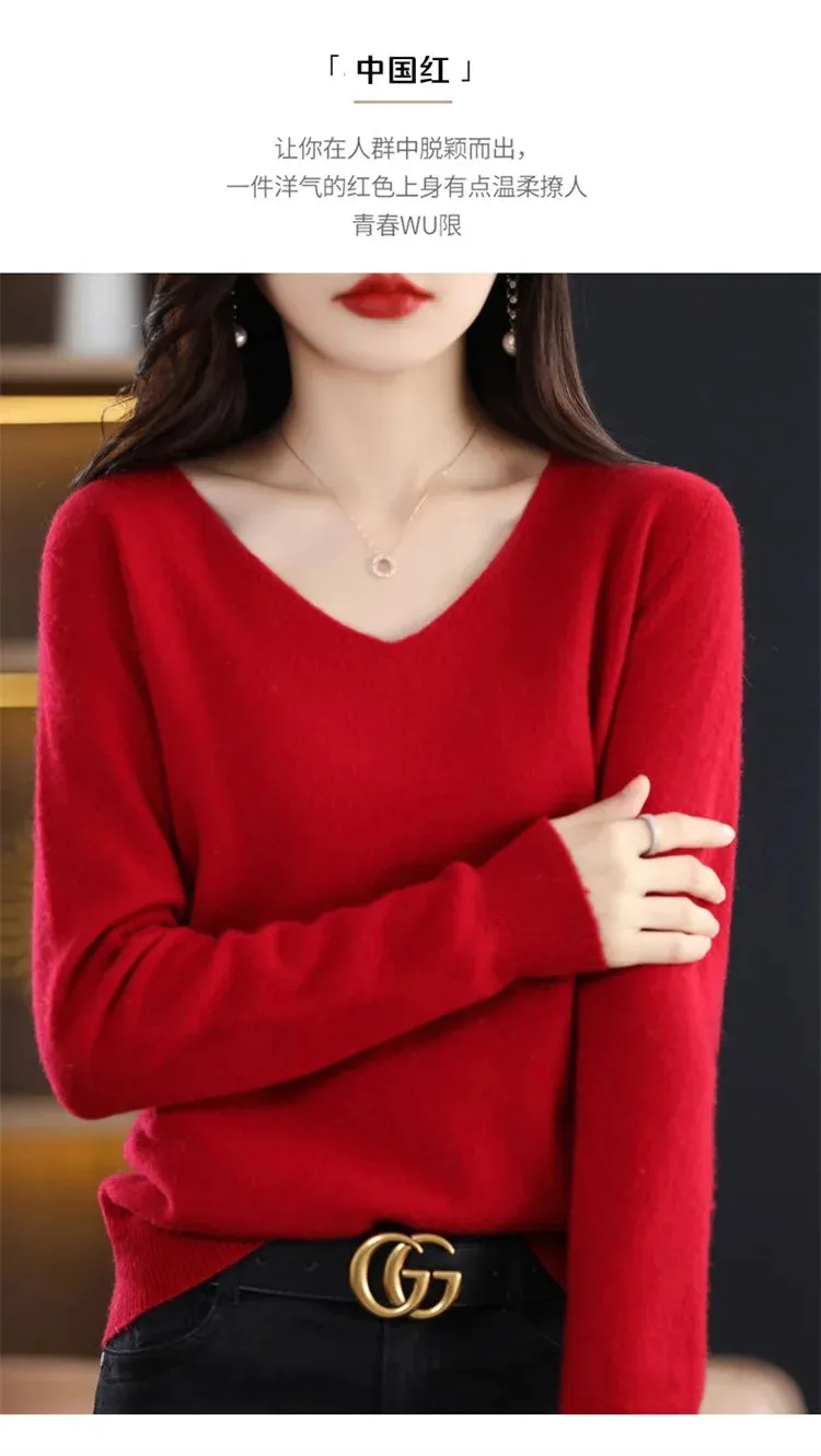 100% pure wool 2024 autumn and winter new cashmere sweater women's V-neck pullover fashion solid color long sleeve pullover