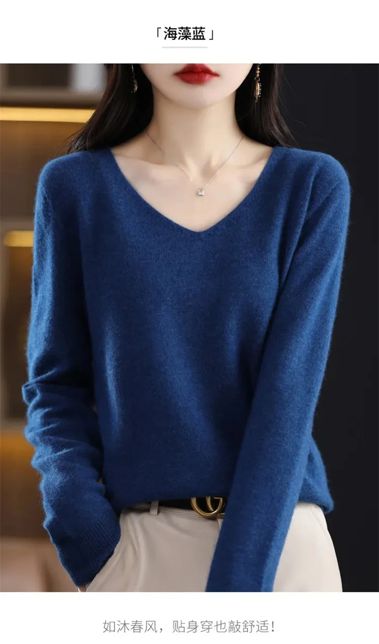 100% pure wool 2024 autumn and winter new cashmere sweater women's V-neck pullover fashion solid color long sleeve pullover