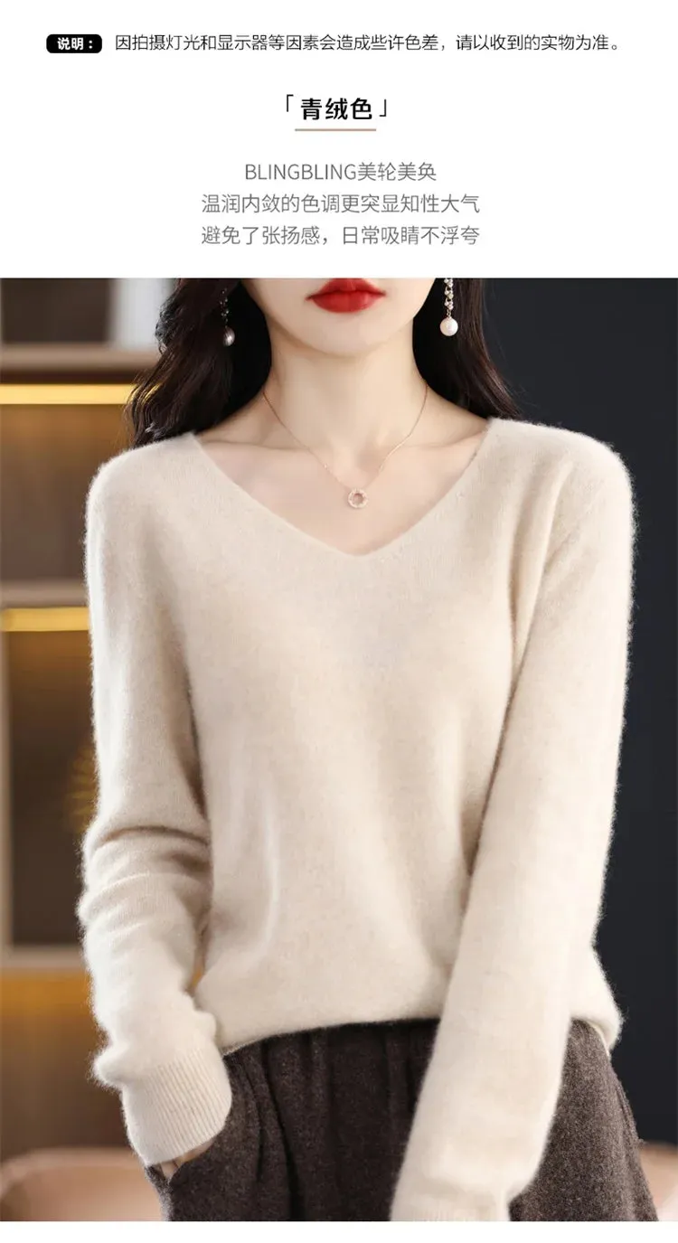 100% pure wool 2024 autumn and winter new cashmere sweater women's V-neck pullover fashion solid color long sleeve pullover