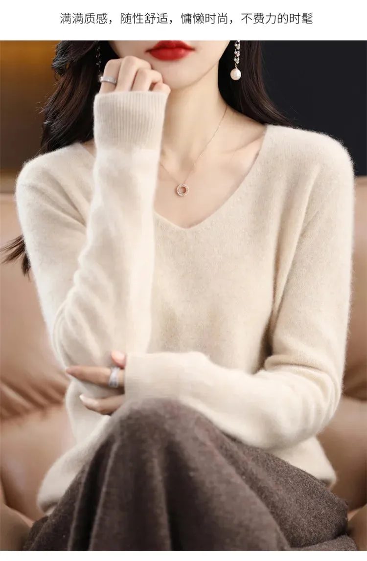 100% pure wool 2024 autumn and winter new cashmere sweater women's V-neck pullover fashion solid color long sleeve pullover