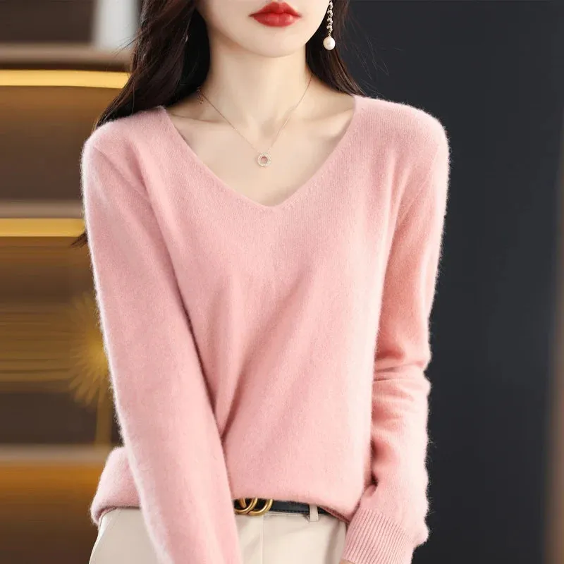 100% pure wool 2024 autumn and winter new cashmere sweater women's V-neck pullover fashion solid color long sleeve pullover