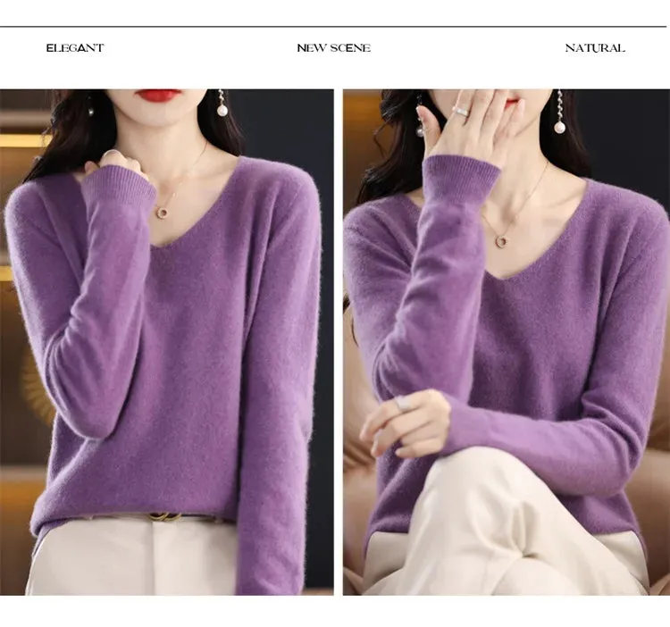 100% pure wool 2024 autumn and winter new cashmere sweater women's V-neck pullover fashion solid color long sleeve pullover