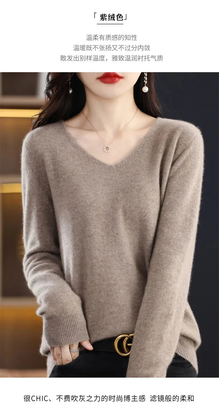 100% pure wool 2024 autumn and winter new cashmere sweater women's V-neck pullover fashion solid color long sleeve pullover