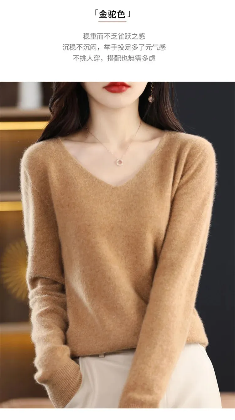 100% pure wool 2024 autumn and winter new cashmere sweater women's V-neck pullover fashion solid color long sleeve pullover