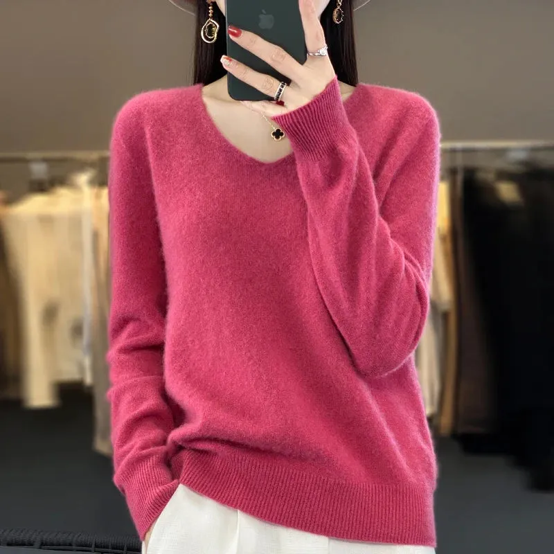 100% pure wool 2024 autumn and winter new cashmere sweater women's V-neck pullover fashion solid color long sleeve pullover