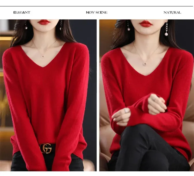 100% pure wool 2024 autumn and winter new cashmere sweater women's V-neck pullover fashion solid color long sleeve pullover