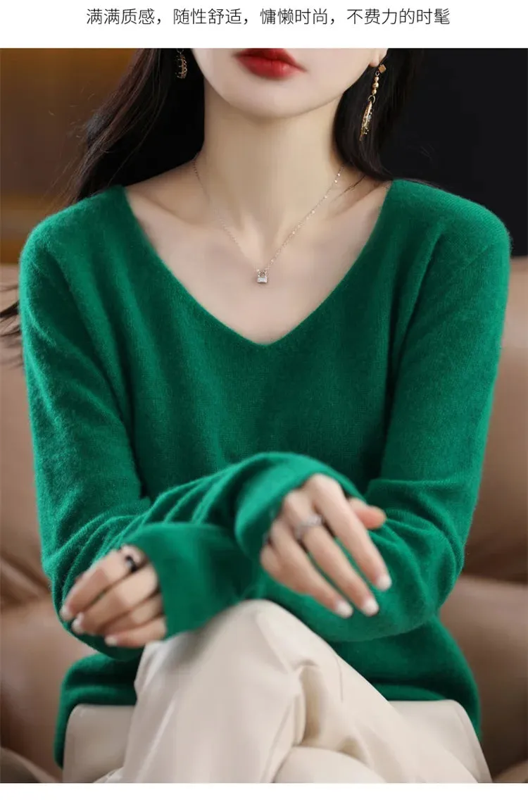 100% pure wool 2024 autumn and winter new cashmere sweater women's V-neck pullover fashion solid color long sleeve pullover