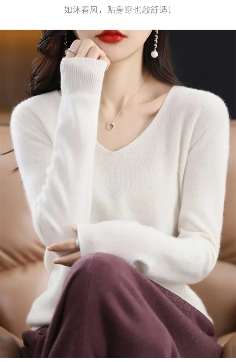 100% pure wool 2024 autumn and winter new cashmere sweater women's V-neck pullover fashion solid color long sleeve pullover