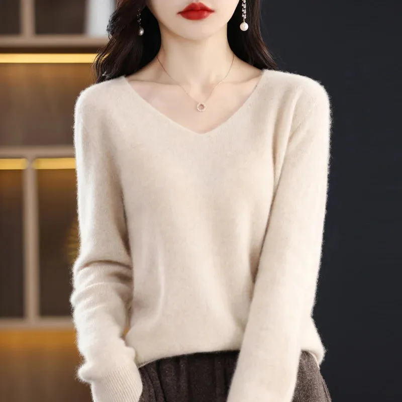 100% pure wool 2024 autumn and winter new cashmere sweater women's V-neck pullover fashion solid color long sleeve pullover