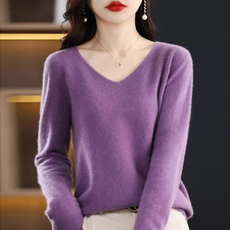 100% pure wool 2024 autumn and winter new cashmere sweater women's V-neck pullover fashion solid color long sleeve pullover