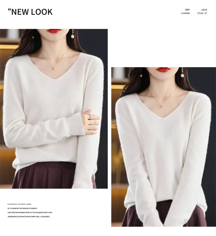 100% pure wool 2024 autumn and winter new cashmere sweater women's V-neck pullover fashion solid color long sleeve pullover