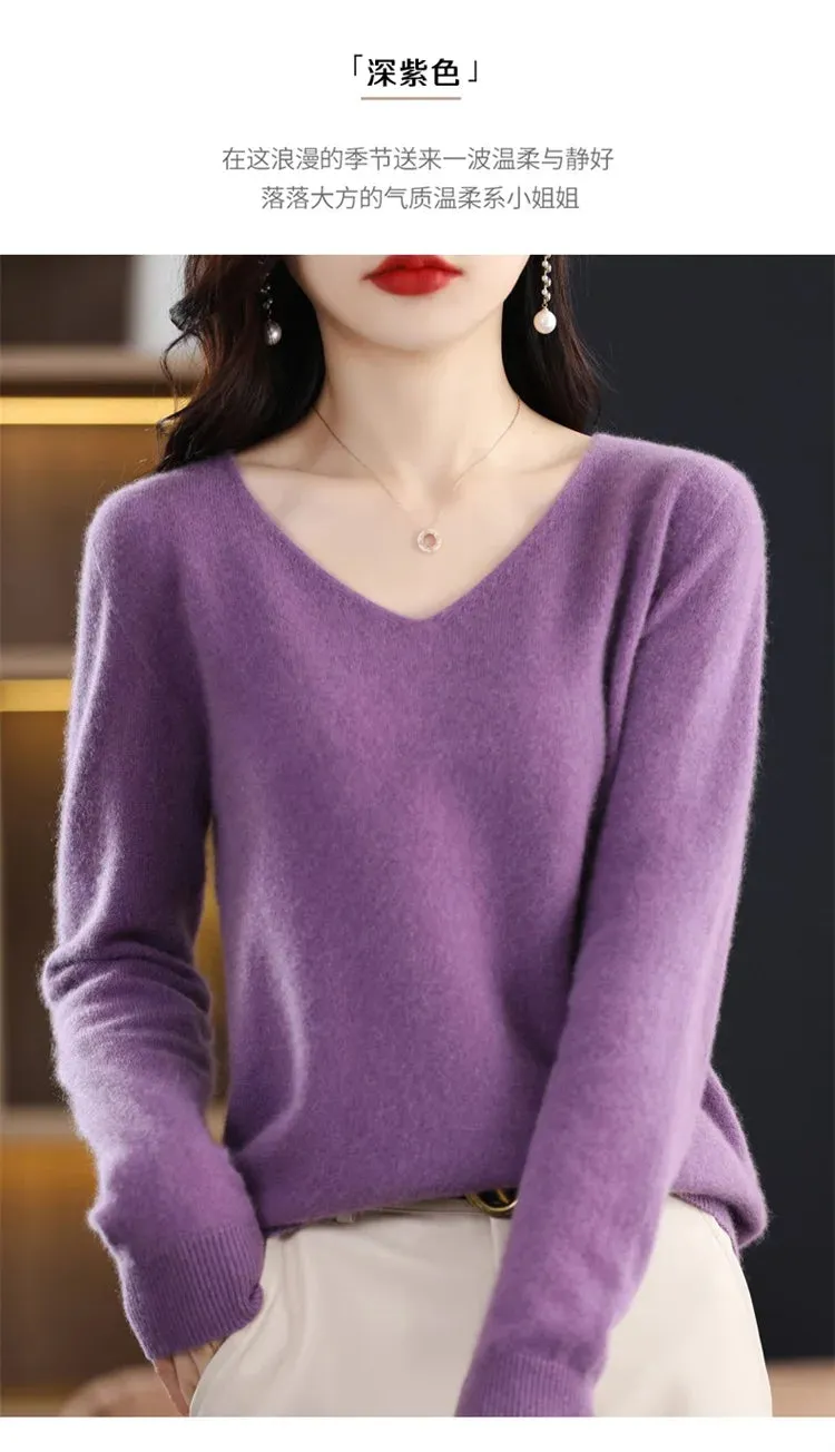 100% pure wool 2024 autumn and winter new cashmere sweater women's V-neck pullover fashion solid color long sleeve pullover