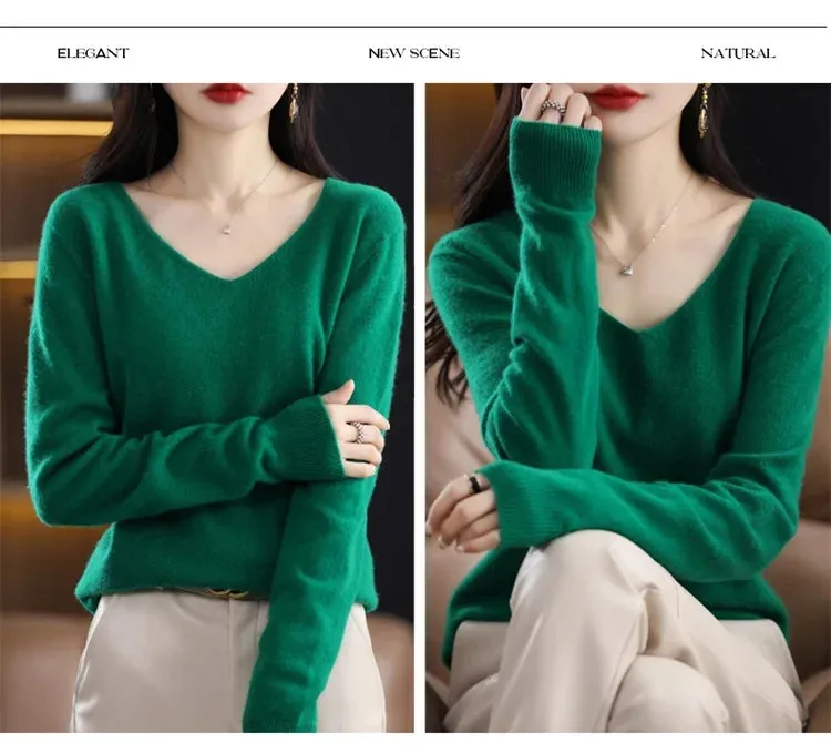 100% pure wool 2024 autumn and winter new cashmere sweater women's V-neck pullover fashion solid color long sleeve pullover