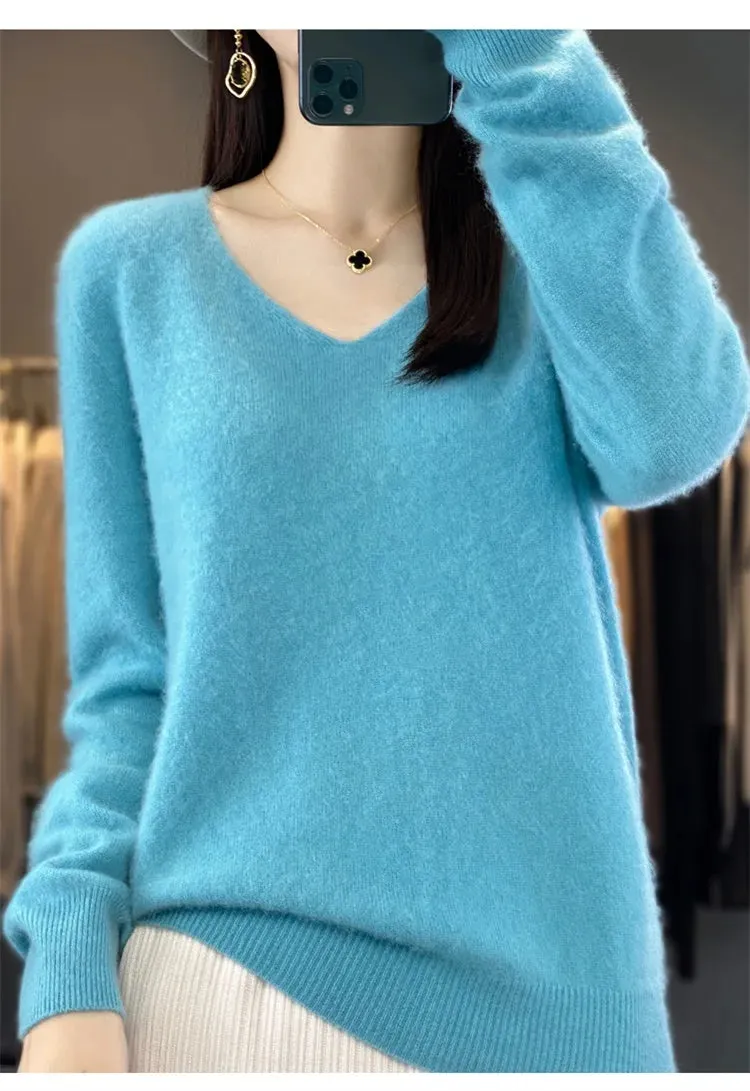 100% pure wool 2024 autumn and winter new cashmere sweater women's V-neck pullover fashion solid color long sleeve pullover