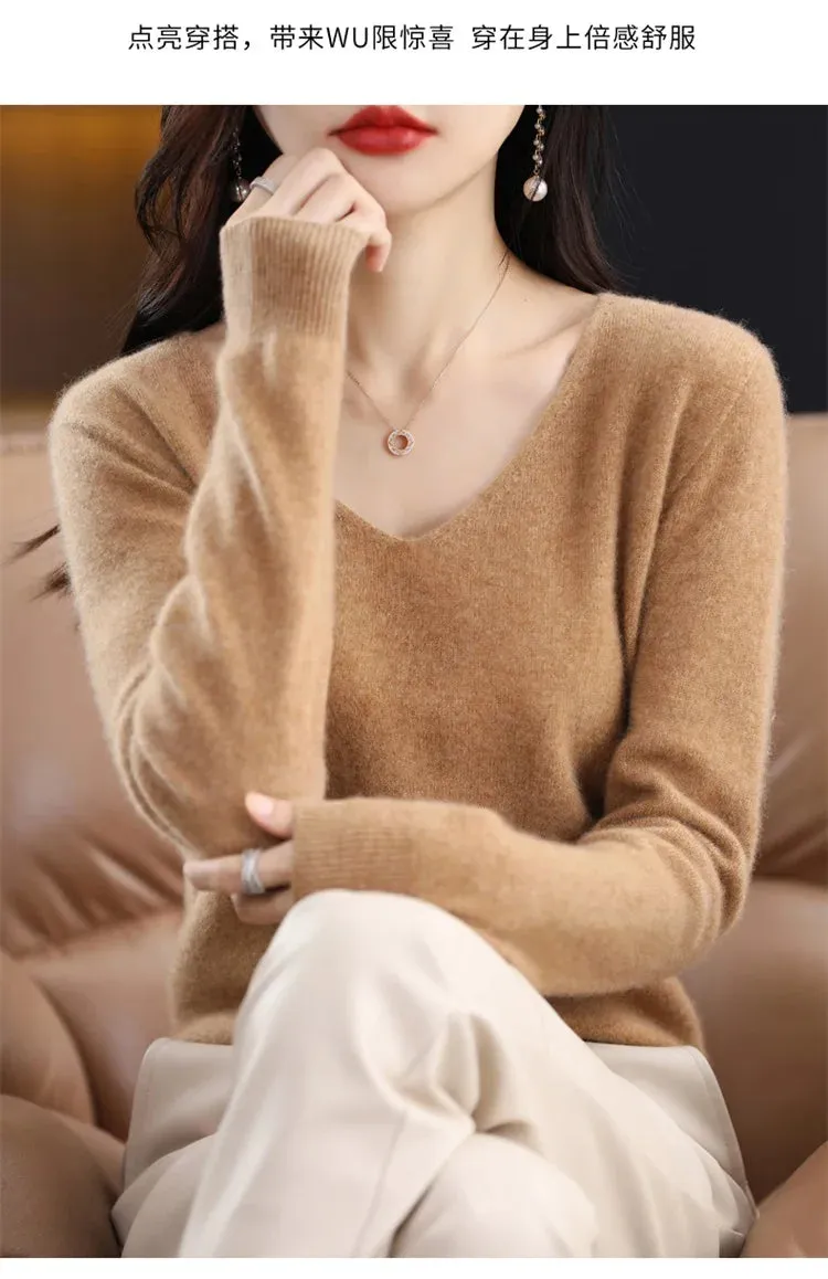 100% pure wool 2024 autumn and winter new cashmere sweater women's V-neck pullover fashion solid color long sleeve pullover