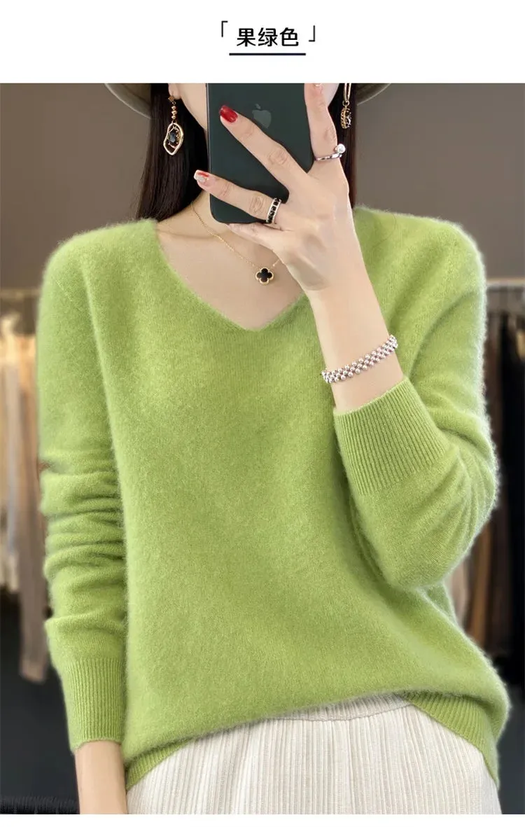 100% pure wool 2024 autumn and winter new cashmere sweater women's V-neck pullover fashion solid color long sleeve pullover