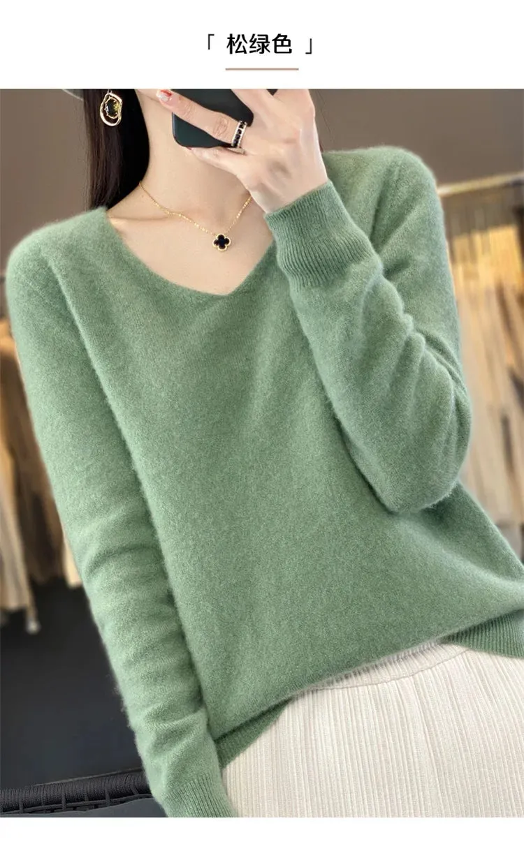 100% pure wool 2024 autumn and winter new cashmere sweater women's V-neck pullover fashion solid color long sleeve pullover