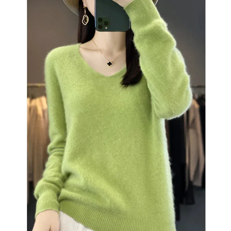 100% pure wool 2024 autumn and winter new cashmere sweater women's V-neck pullover fashion solid color long sleeve pullover