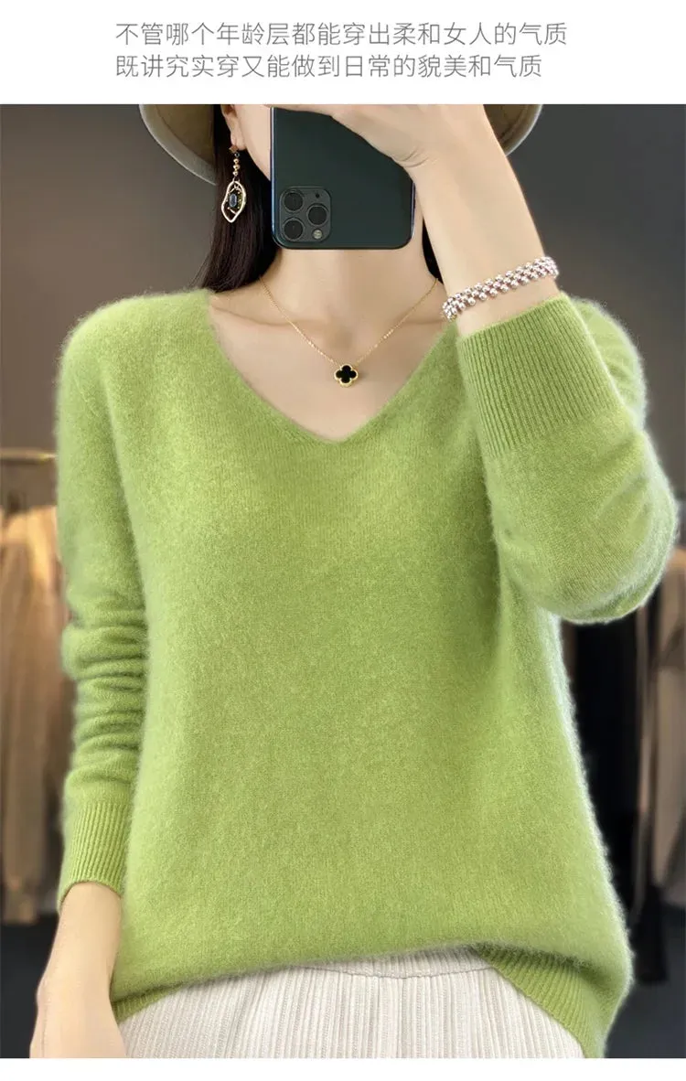 100% pure wool 2024 autumn and winter new cashmere sweater women's V-neck pullover fashion solid color long sleeve pullover