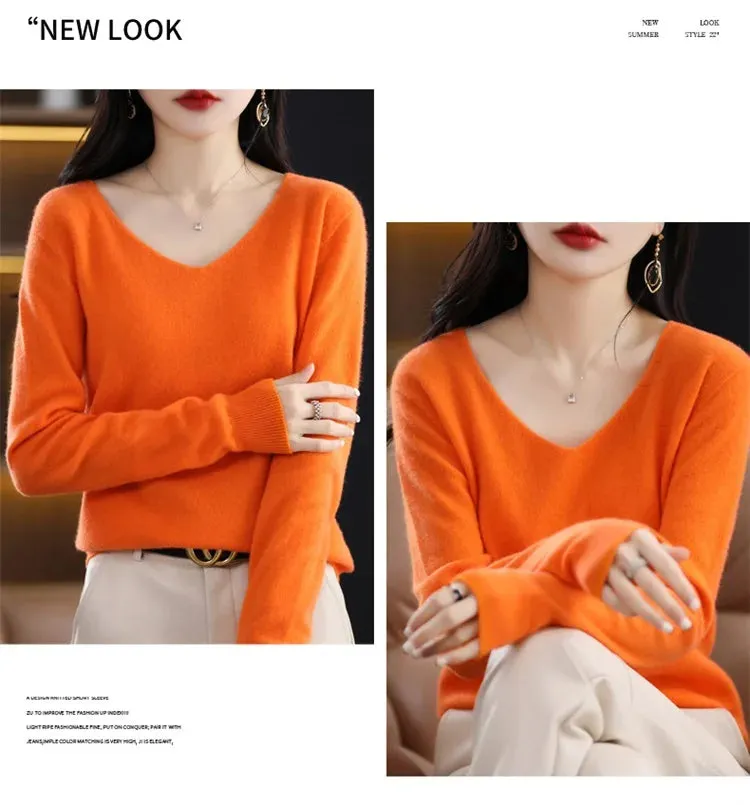 100% pure wool 2024 autumn and winter new cashmere sweater women's V-neck pullover fashion solid color long sleeve pullover