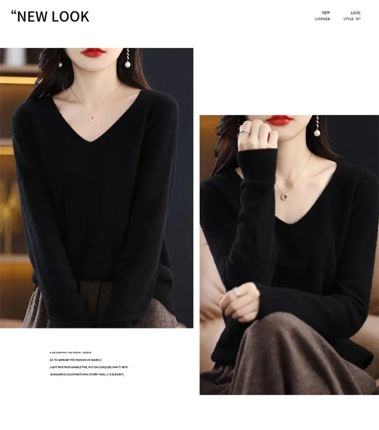 100% pure wool 2024 autumn and winter new cashmere sweater women's V-neck pullover fashion solid color long sleeve pullover