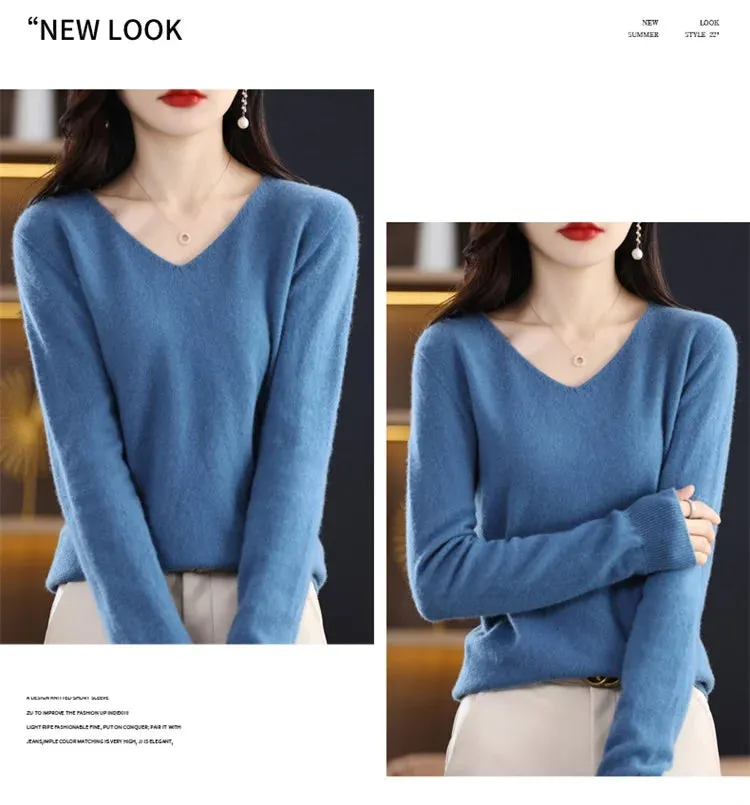 100% pure wool 2024 autumn and winter new cashmere sweater women's V-neck pullover fashion solid color long sleeve pullover