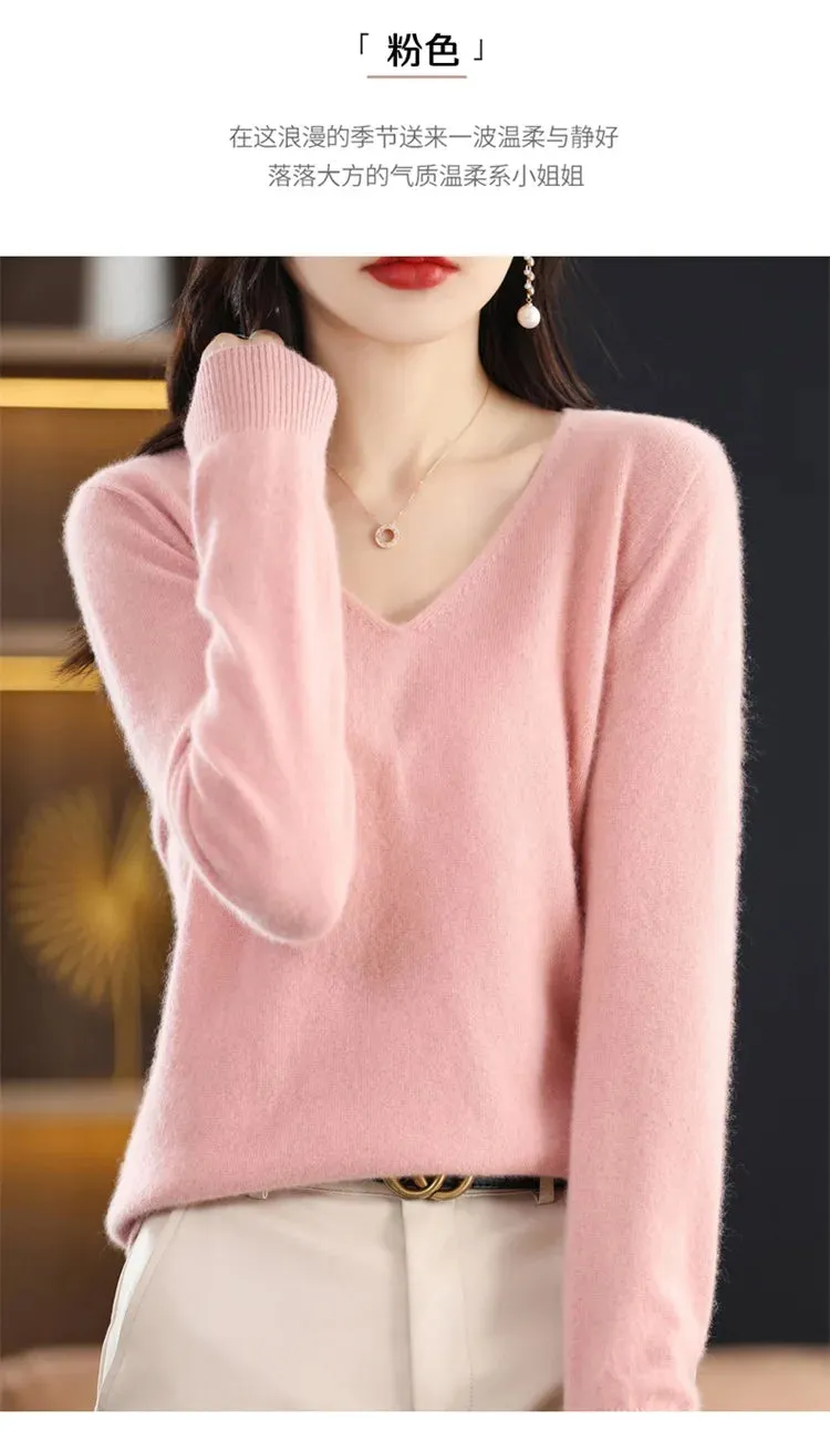 100% pure wool 2024 autumn and winter new cashmere sweater women's V-neck pullover fashion solid color long sleeve pullover