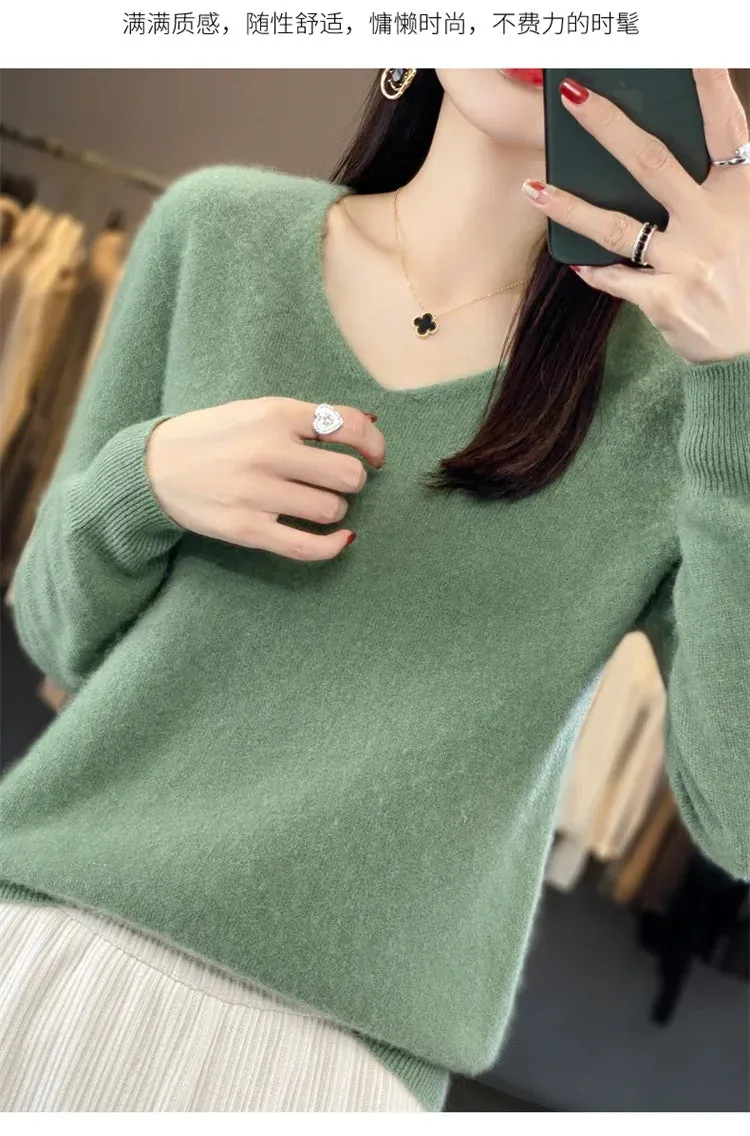 100% pure wool 2024 autumn and winter new cashmere sweater women's V-neck pullover fashion solid color long sleeve pullover