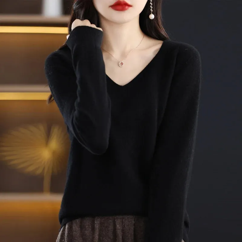 100% pure wool 2024 autumn and winter new cashmere sweater women's V-neck pullover fashion solid color long sleeve pullover