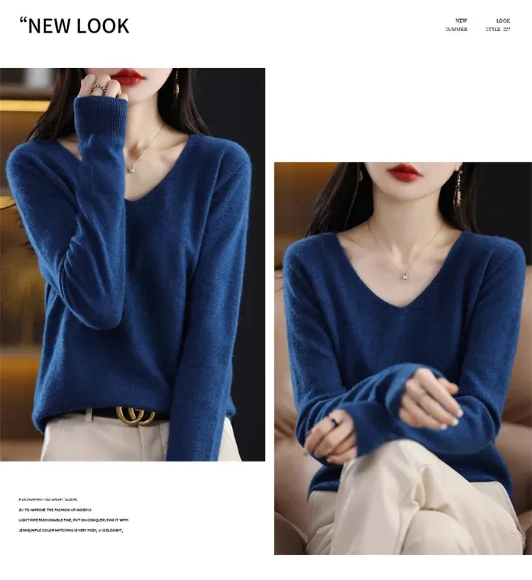 100% pure wool 2024 autumn and winter new cashmere sweater women's V-neck pullover fashion solid color long sleeve pullover