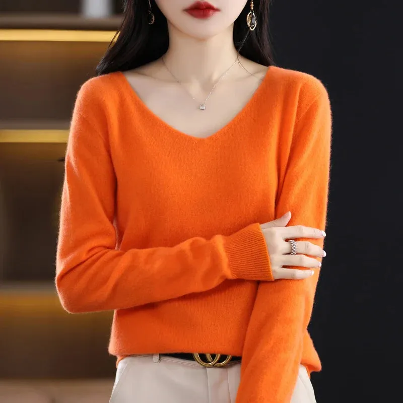 100% pure wool 2024 autumn and winter new cashmere sweater women's V-neck pullover fashion solid color long sleeve pullover